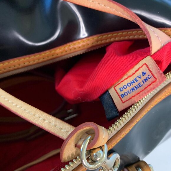 Dooney & Bourke black patent leather satchel with tan leather trim - Picture 7 of 8